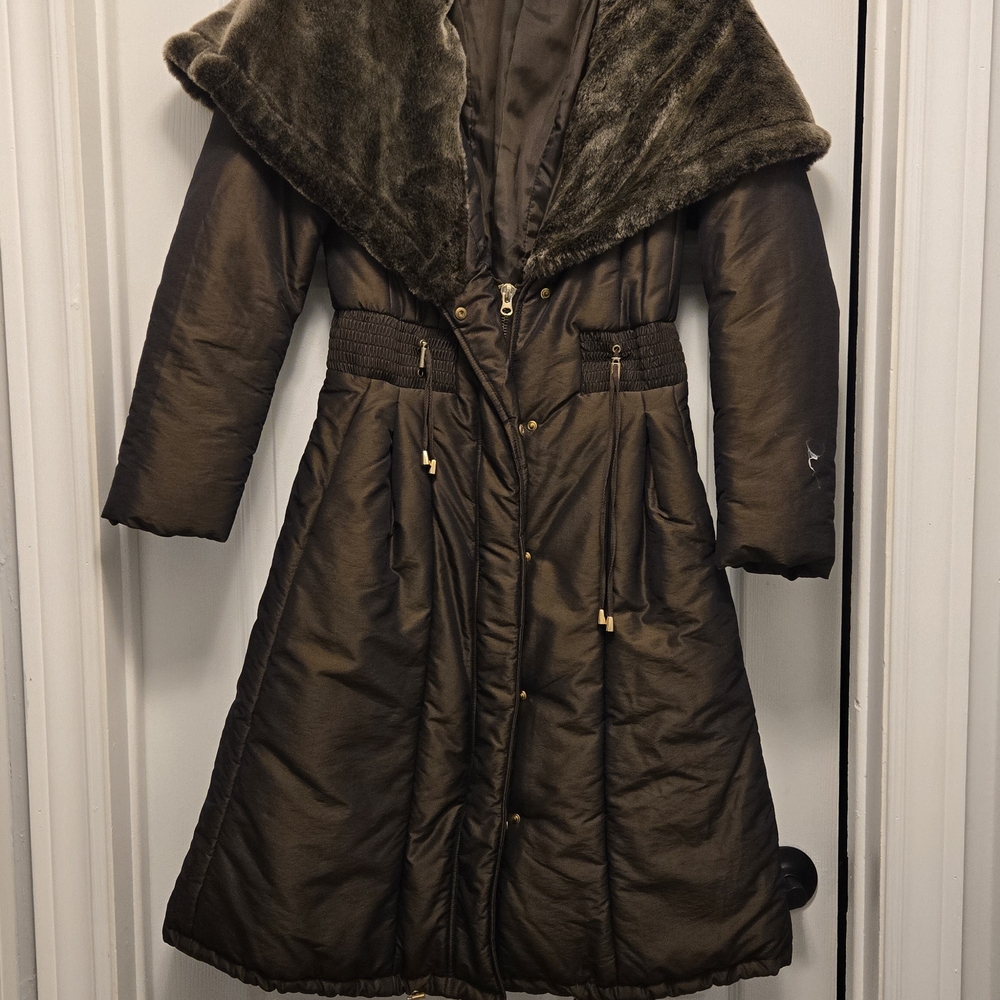 Zara Dark Brown Puffer Coat with Faux Fur Trim